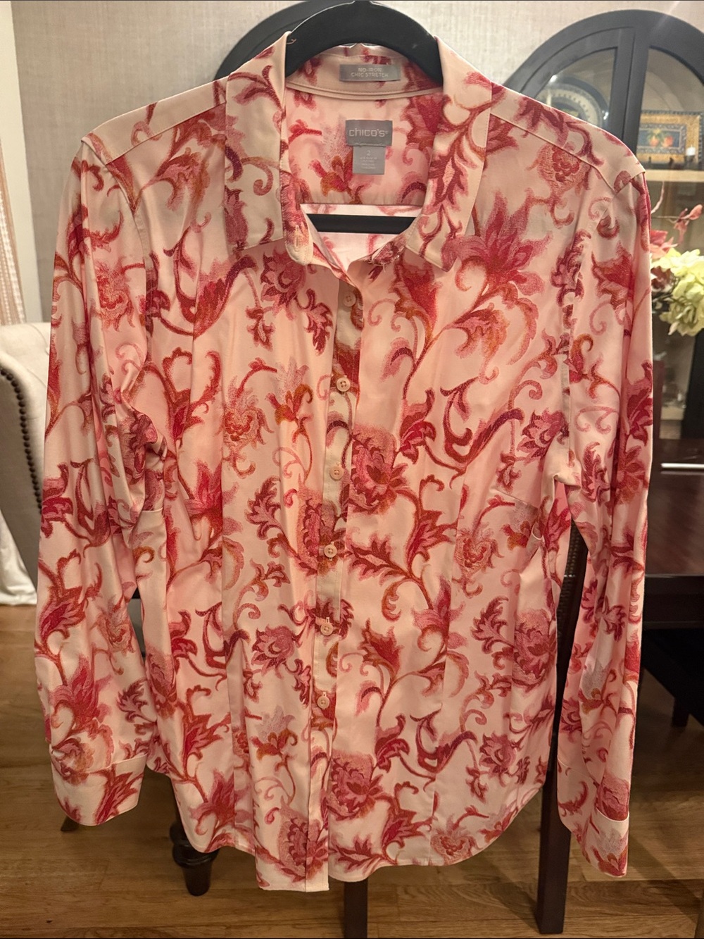Chico's Coral and Cream Floral Button-Down Shirt